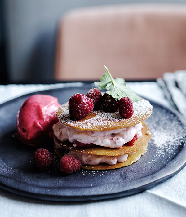 Raspberry and rose-geranium sorbet with honey wafers, raspberries and cream