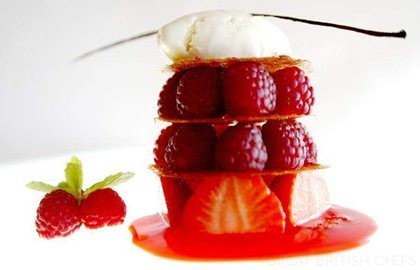Raspberry and strawberry mille feuille, orange tuile, cream patissière, lemon verbena ice cream