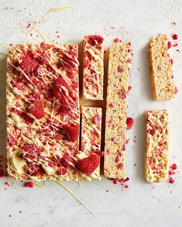 Raspberry and white chocolate Rice Krispie bars