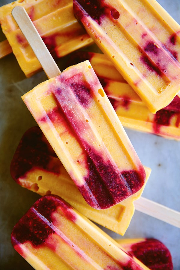 Raspberry, apricot & orange popsicles