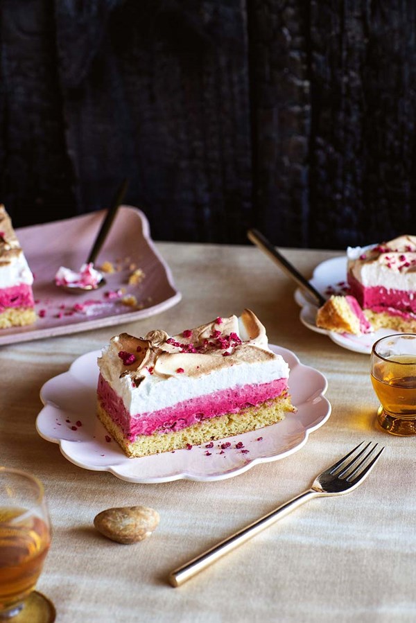 Raspberry baked Alaska slice with burnt butter sponge