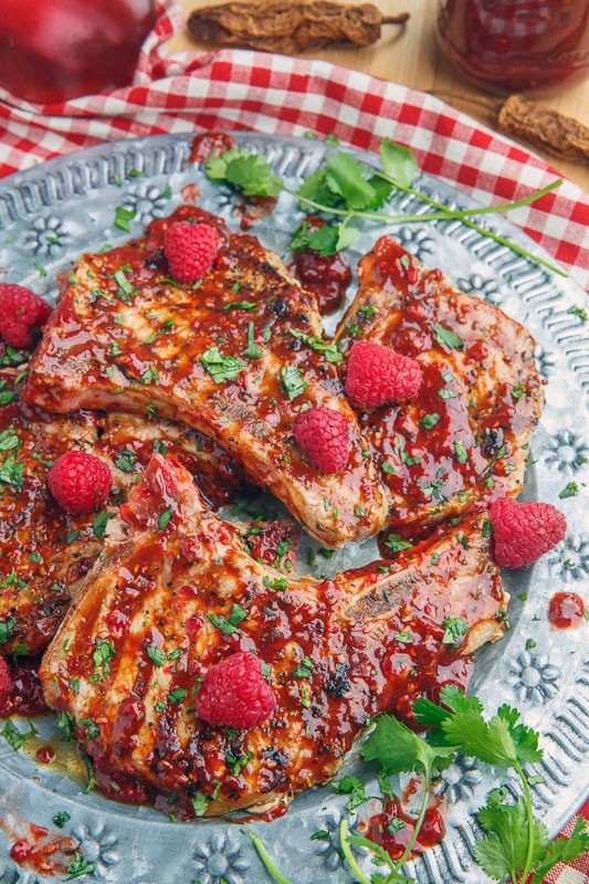 Raspberry balsamic chipotle grilled pork chops