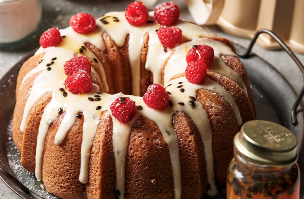 Raspberry bundt with passionfruit syrup