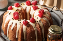 Raspberry bundt with passionfruit syrup