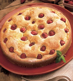 Raspberry cake with Marsala, crème fraîche, and raspberries 