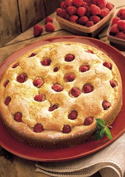 Raspberry cake with Marsala, crème fraîche, and raspberries