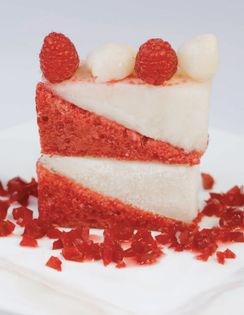 Raspberry chiffon cake with lychee sorbet and raspberry gelée