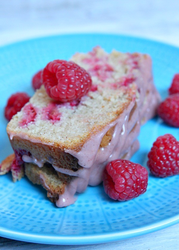 Raspberry-cinnamon loaf cake with raspberry glaze