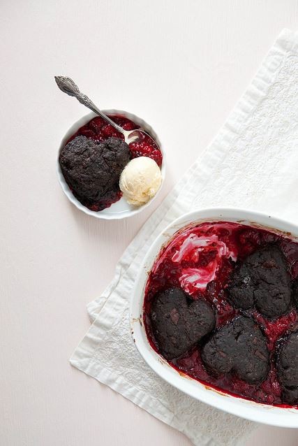 Raspberry cobbler with dark chocolate biscuits