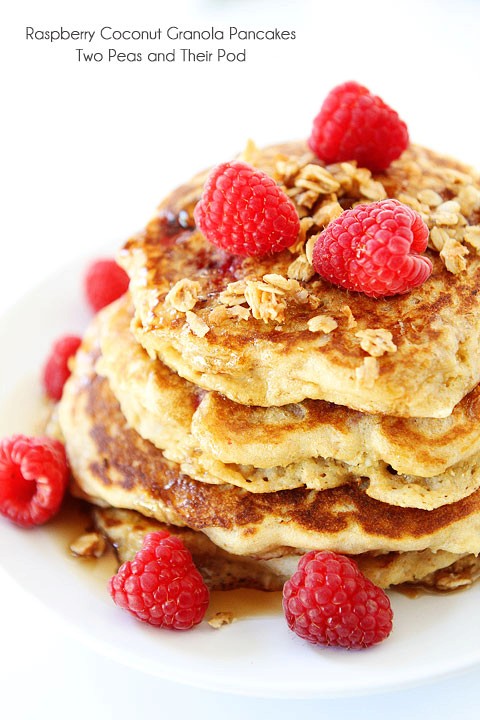 Raspberry coconut granola pancakes