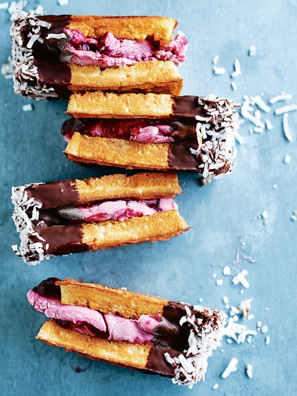 Raspberry coconut ripple waffle ice-cream sandwiches