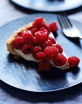Raspberry crème fraîche tart with lavender honey