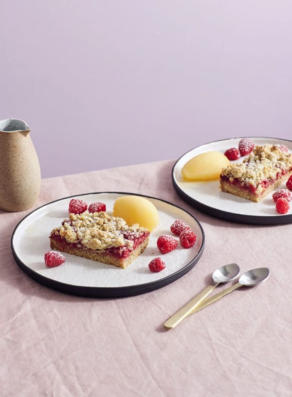 Raspberry crumble slice with grapefruit and rosemary sorbet
