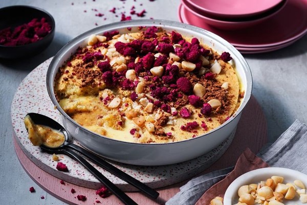 Raspberry, custard and burnt white chocolate pudding