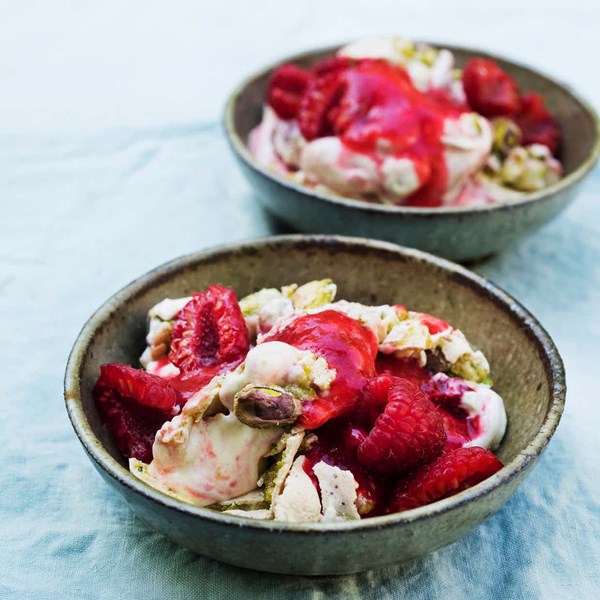 Raspberry fool, pistachio meringue