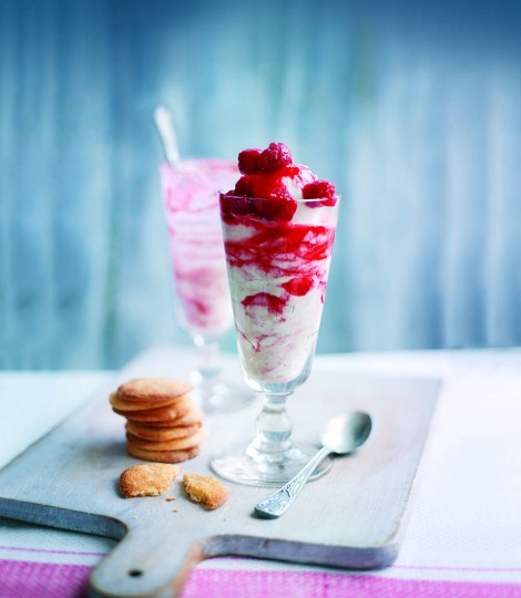 Raspberry fool sundaes with elderflower thins