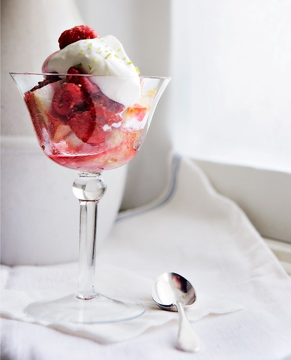 Raspberry fool with toasted angel food cake