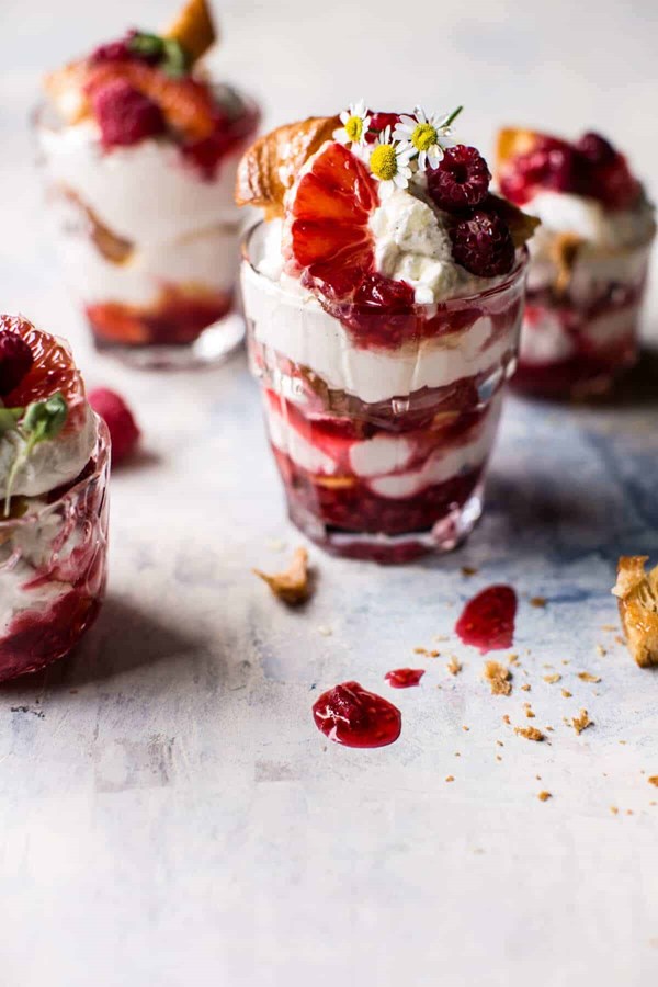 Raspberry fools with honey butter croissants