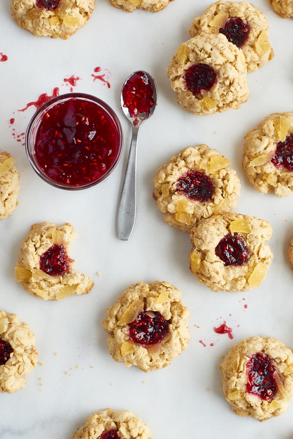 Raspberry-ginger oatmeal thumbprints
