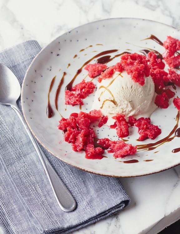 Raspberry granita with balsamic caramel