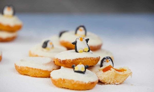 Raspberry Jaffa cake icebergs with mini penguins