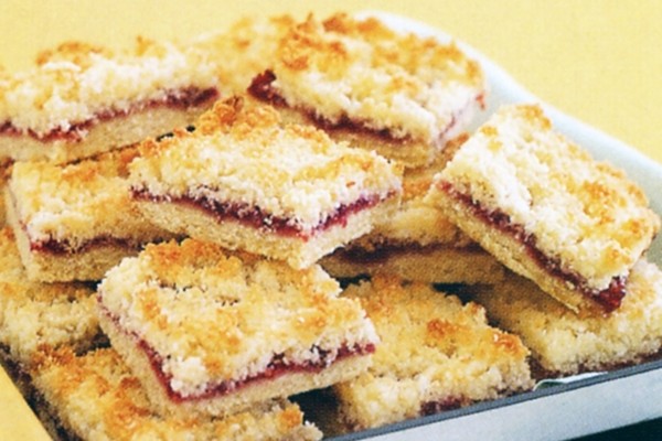 Raspberry jam coconut slice