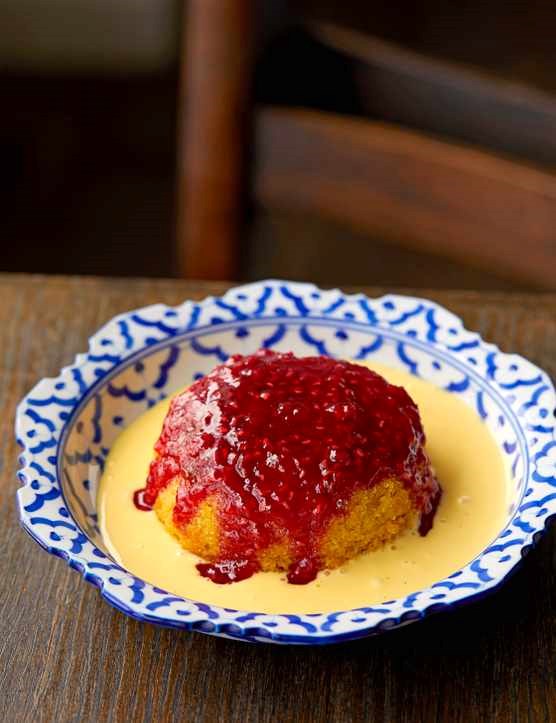 Raspberry jam steamed sponge and custard