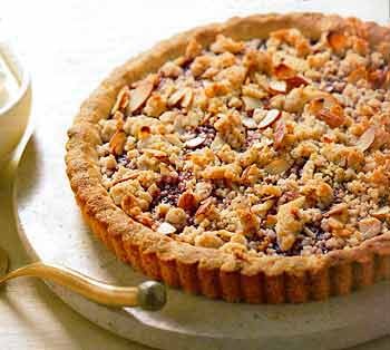 Raspberry jam tart with almond crumble