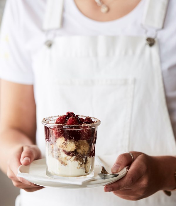 Raspberry jelly, chocolate and vanilla ice-cream