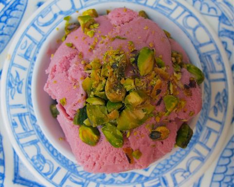 Raspberry kirsch gelato with pistachios