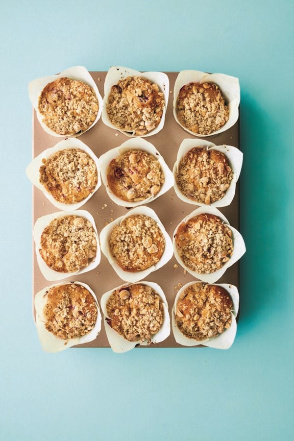 Raspberry, lemon & hazelnut crumble muffins