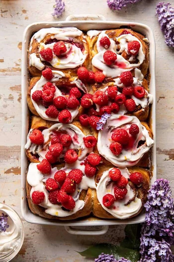 Raspberry lemon brioche rolls with whipped ricotta cream