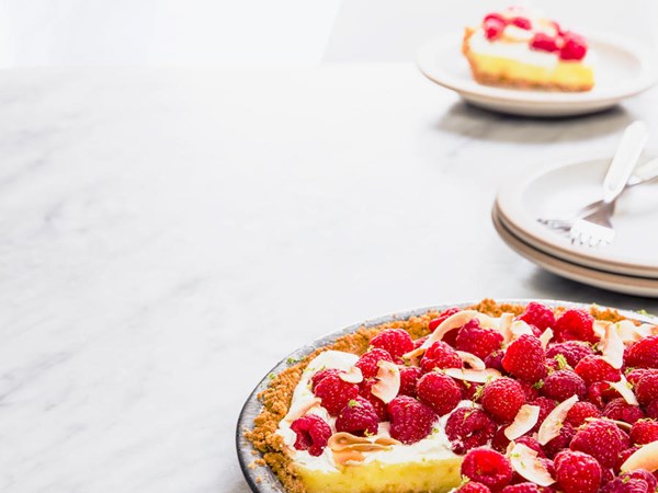 Raspberry, lime and coconut pie