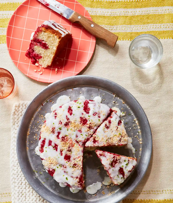 Raspberry, lime and coconut poke cake