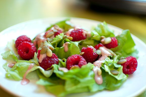 Raspberry miso dressing on a summer salad