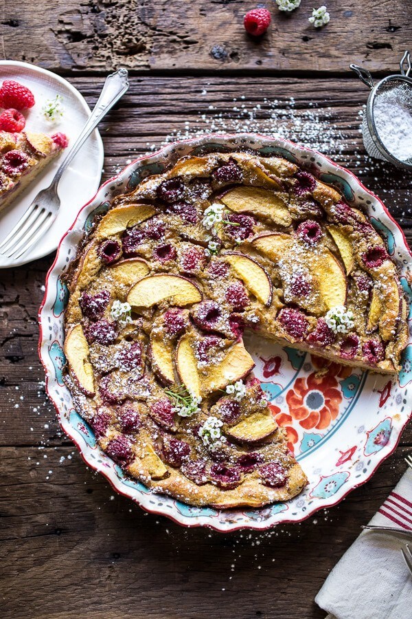 Raspberry, nectarine and sweet corn clafoutis