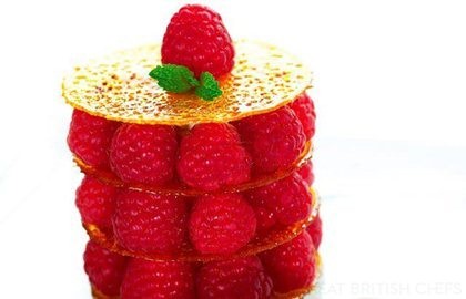 Raspberry nougatine, pistachio cream and raspberry reduction