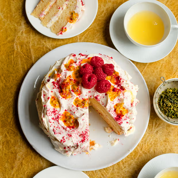 Raspberry, orange curd and passion fruit cake