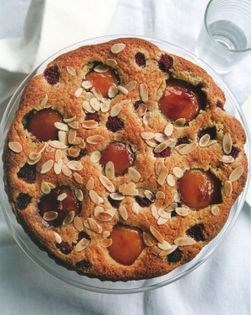 Raspberry, peach and almond tart