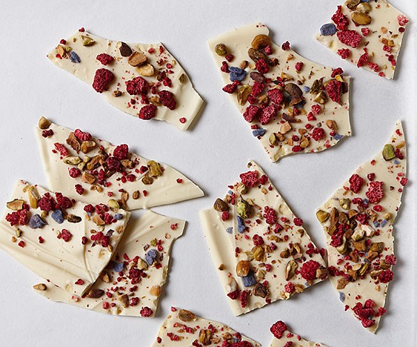Raspberry, pistachio, and candied violet bark