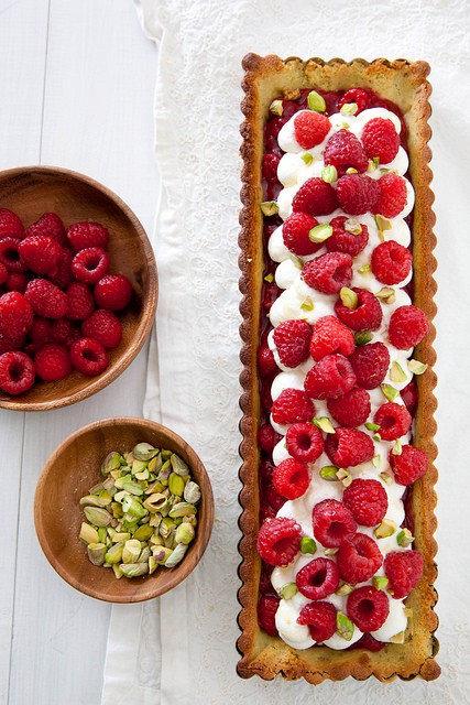 Raspberry pistachio honey tart