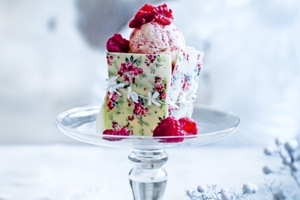 Raspberry ripple parfait with white chocolate shards