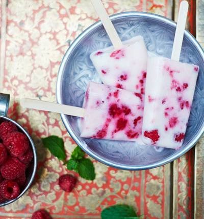 Raspberry, rose and yogurt ice pops