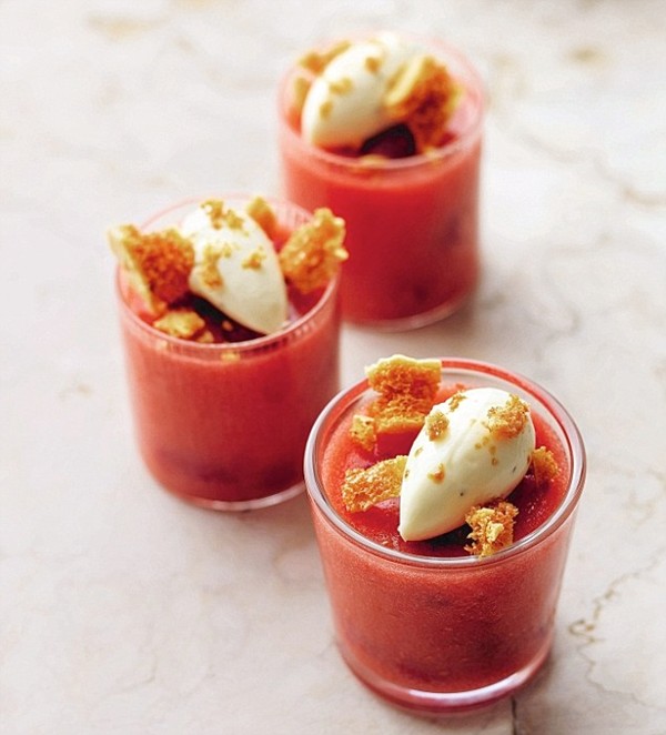 Raspberry rose water jellies with sweet cheese