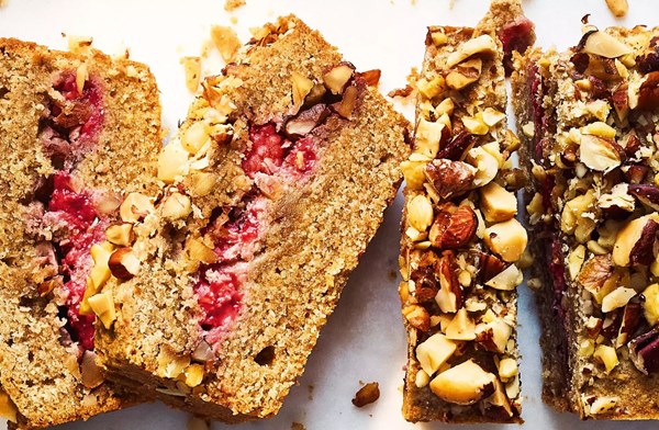 Raspberry, rye & toasted nut loaf cake