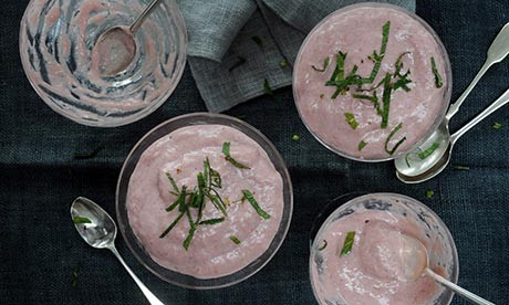 Raspberry syllabub with fresh mint leaves