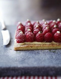 Raspberry tart with crème pâtissière & rosemary