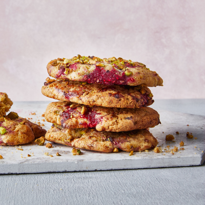 Raspberry, white chocolate & pistachio cookies