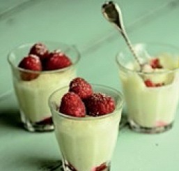 Raspberry, white chocolate and mint chilled puddings with toasted rice dust