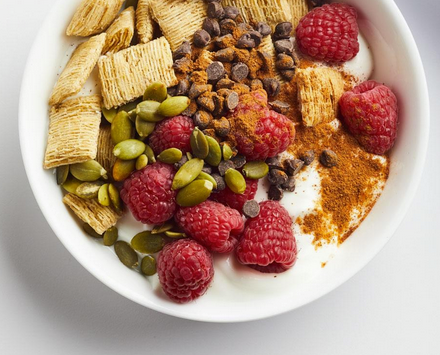 Raspberry yogurt cereal bowl